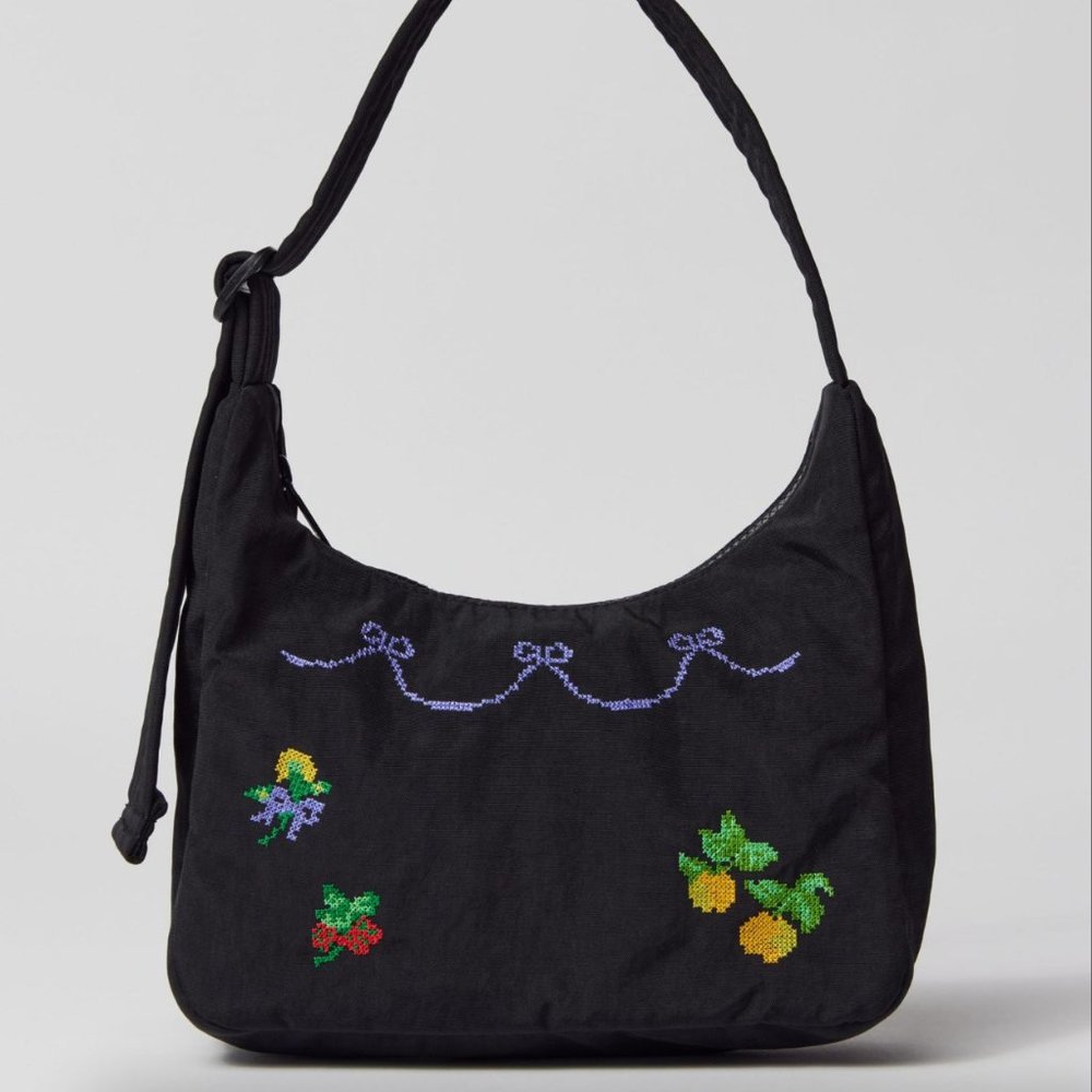 BAGGU Black Shoulder Bag with Colorful Embroidery